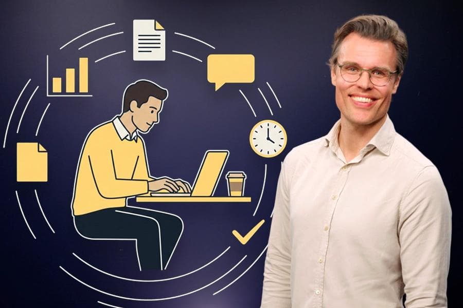Psykolog Haakon Rydning foran grafikk av person som jobber på PC